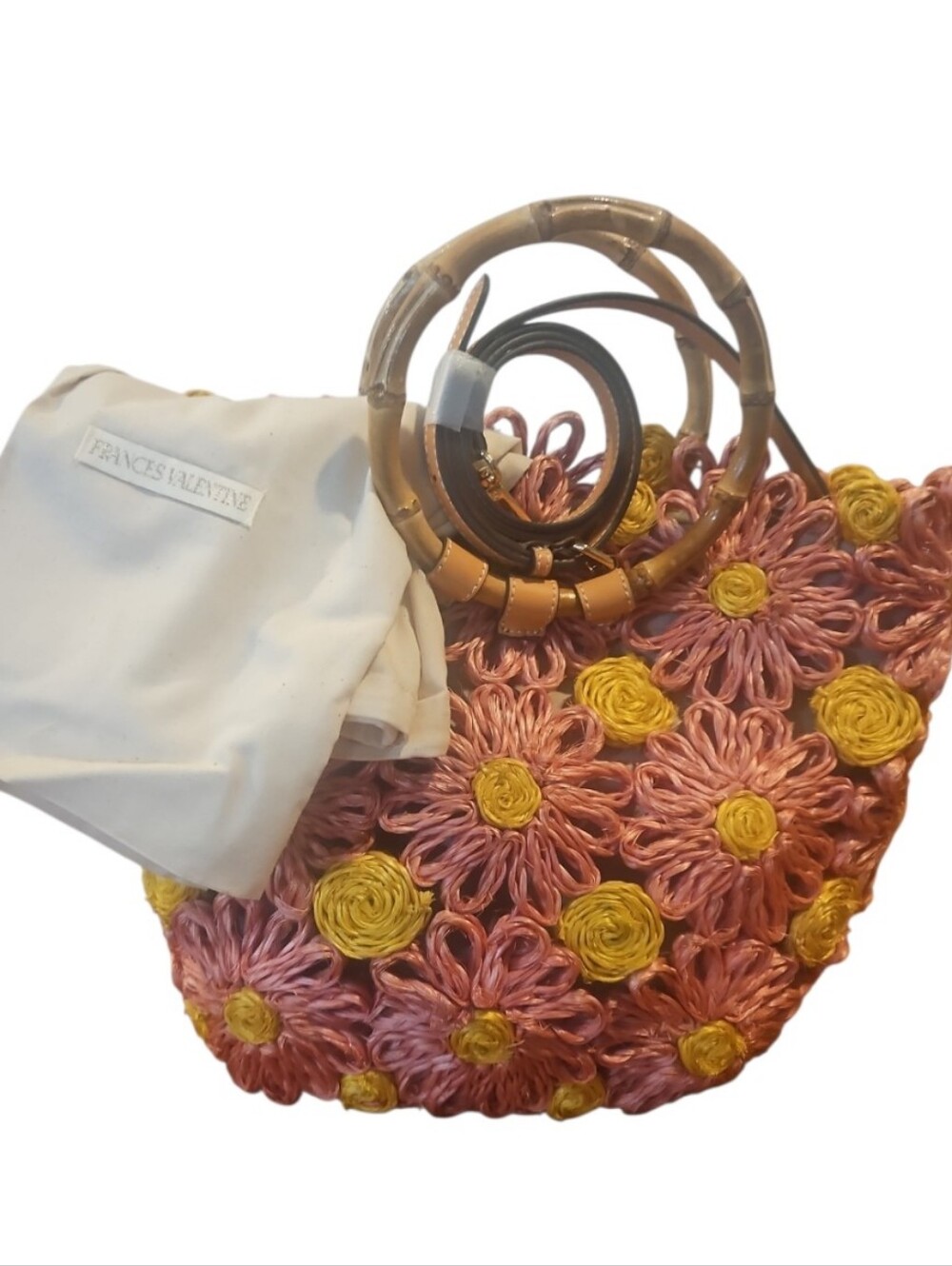 Frances Valentine Flora Raffia Tote Bag Pink Yellow Bamboo Handle NWT - Picture 9 of 11